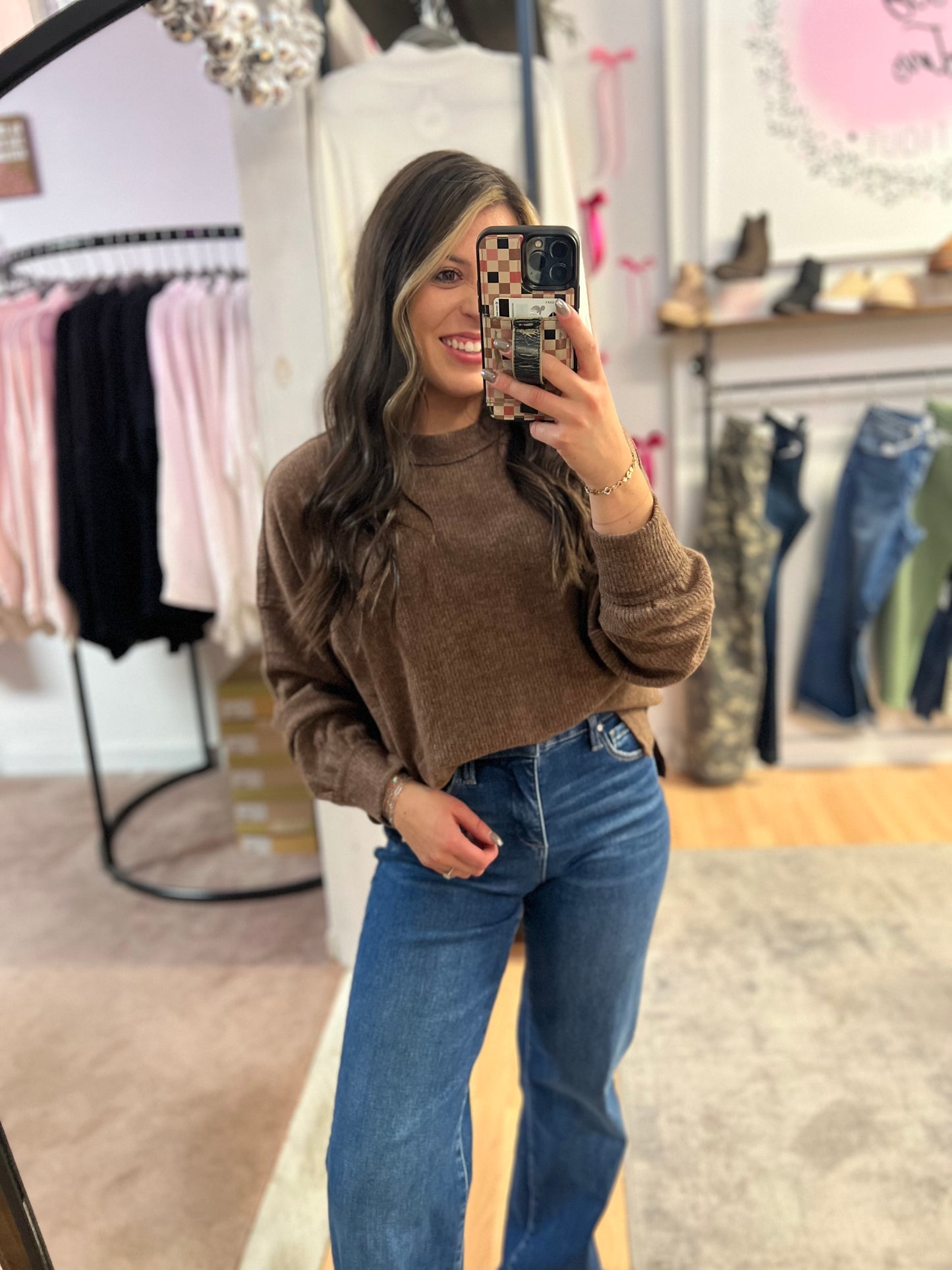 Ribbed Hacci Drop Shoulder Sweater, Brown