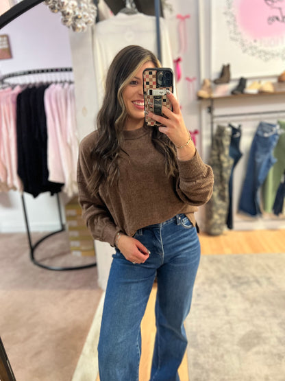 Ribbed Hacci Drop Shoulder Sweater, Brown