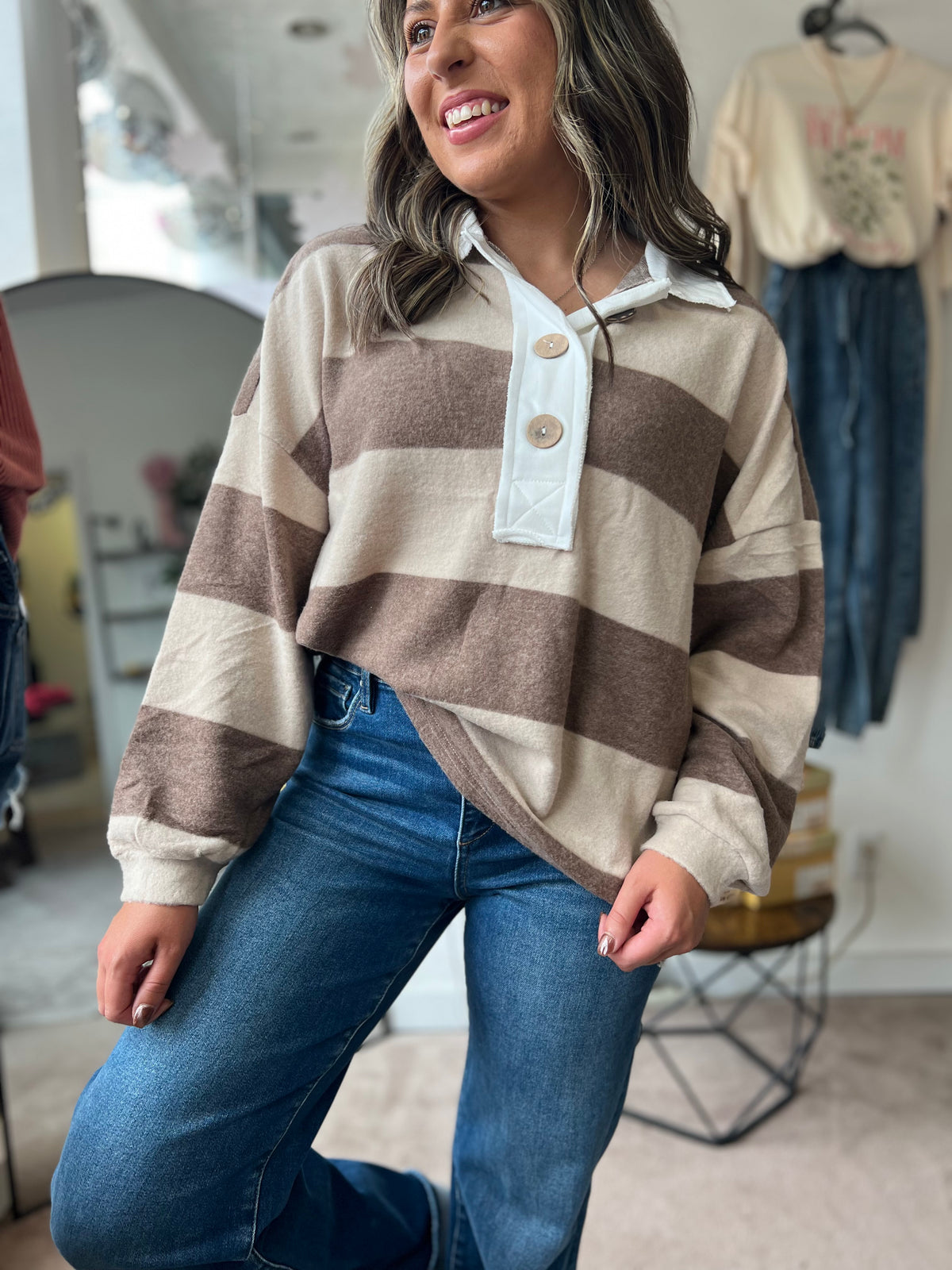 Striped Hacci Polo Sweater, Mocha