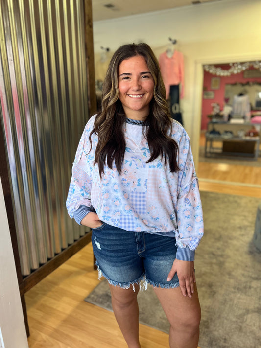 Floral Patchwork and Ribbed Top, Blue