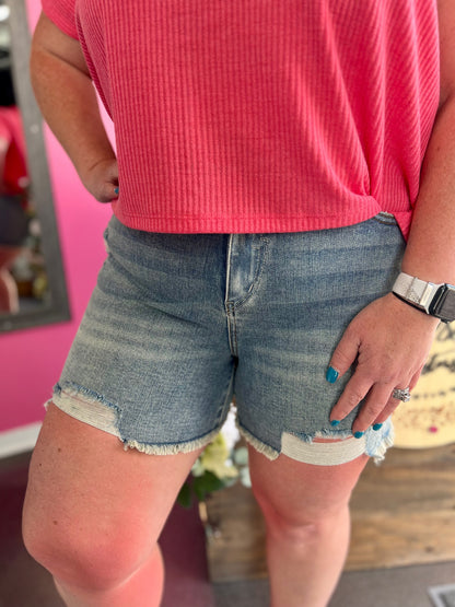 JB HIGH WAIST FLY VINTAGE WASH STITCH SHORTS