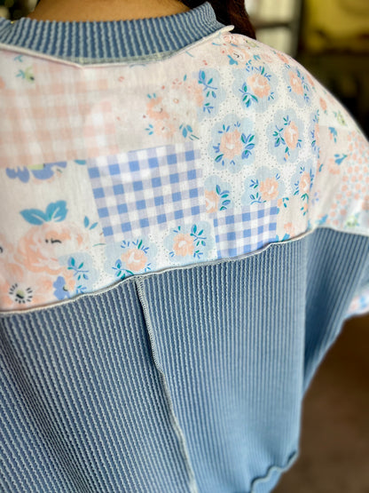 Floral Patchwork and Ribbed Top, Blue