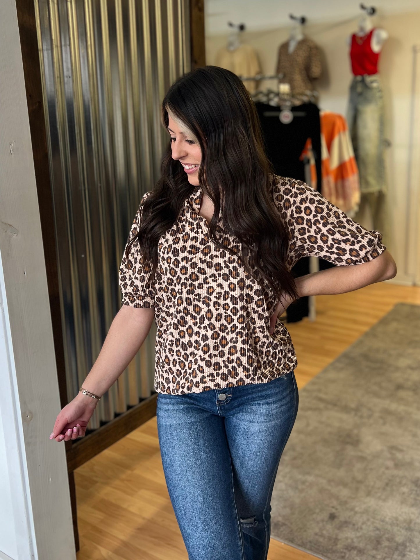 Puff Sleeve V Neck Leopard Top