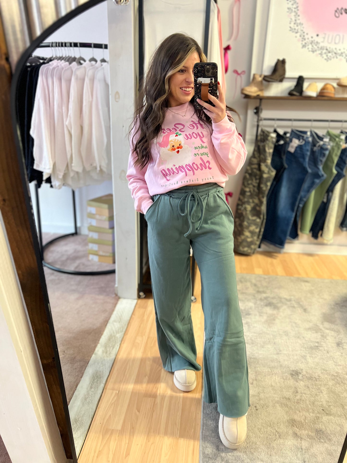 Fleece Wide Leg Pants, Ash Jade