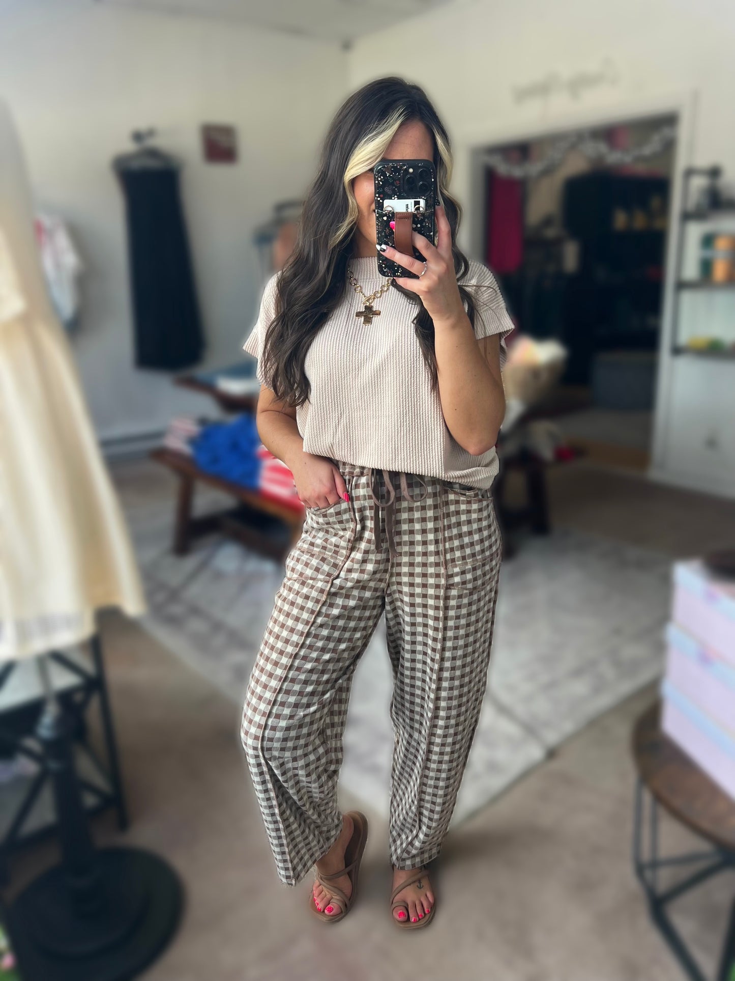 Soft Checker Barrel Pants, Mocha