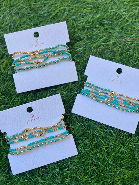 Gold Ball Chain Beaded Bracelet Set, Turqouise