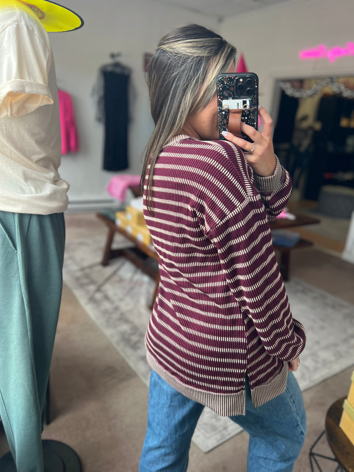 Raised Rib Striped Top, Burgundy