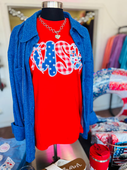 USA Gingham Bow Tee, Red