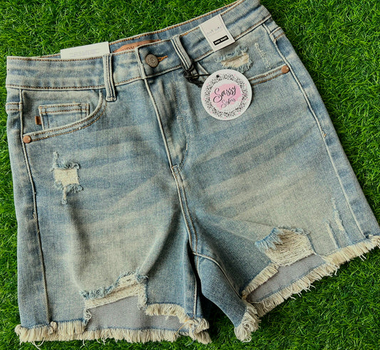 JB HIGH WAIST FLY VINTAGE WASH STITCH SHORTS