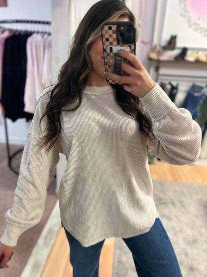 Ribbed Hacci Drop Shoulder Sweater, Beige