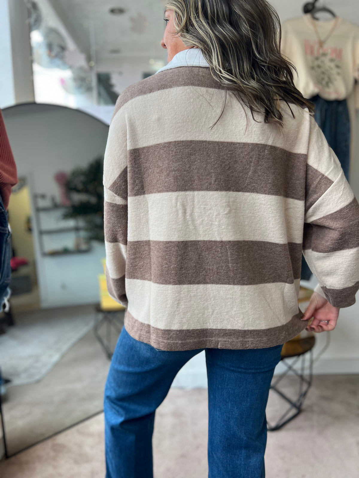 Striped Hacci Polo Sweater, Mocha