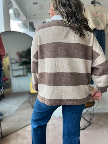 Striped Hacci Polo Sweater, Mocha