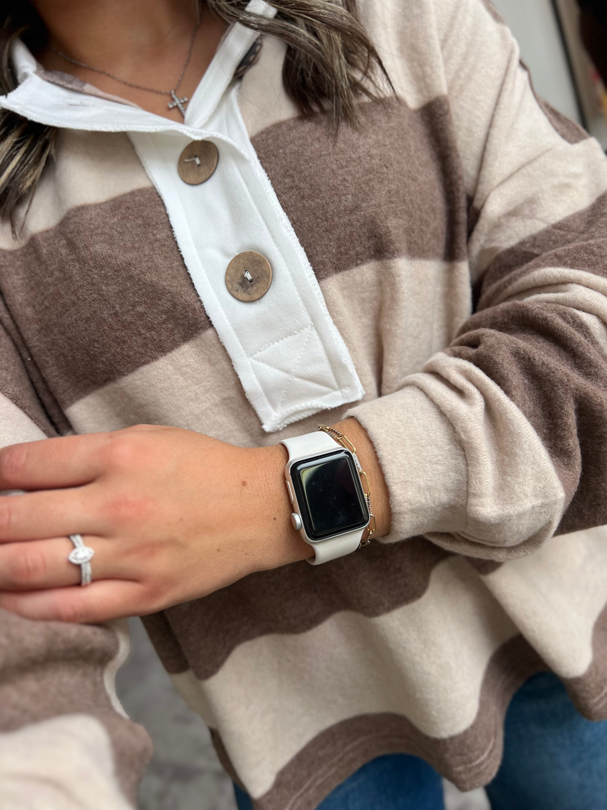 Striped Hacci Polo Sweater, Mocha