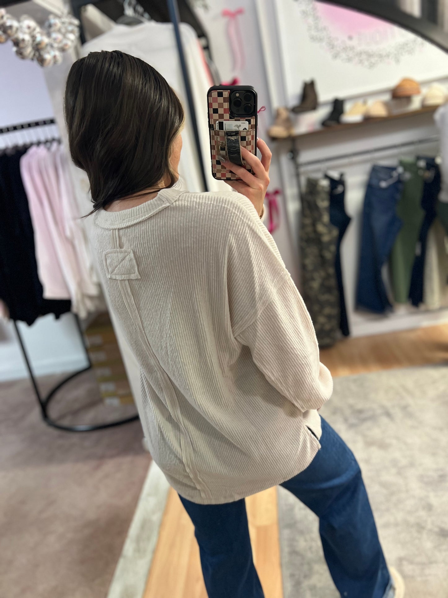 Ribbed Hacci Drop Shoulder Sweater, Beige