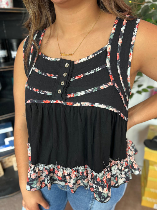 POL Floral Sleeveless Tank, Black