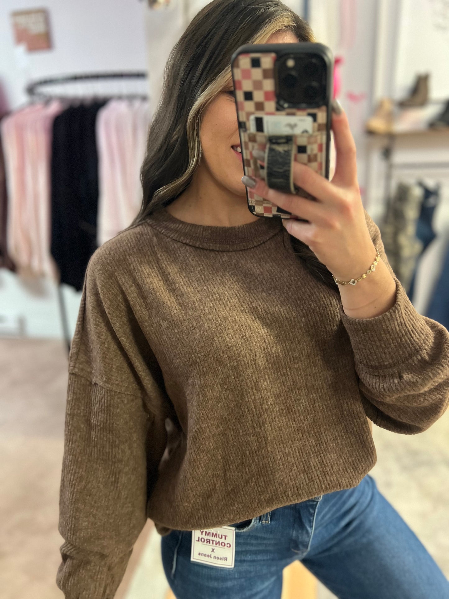 Ribbed Hacci Drop Shoulder Sweater, Brown