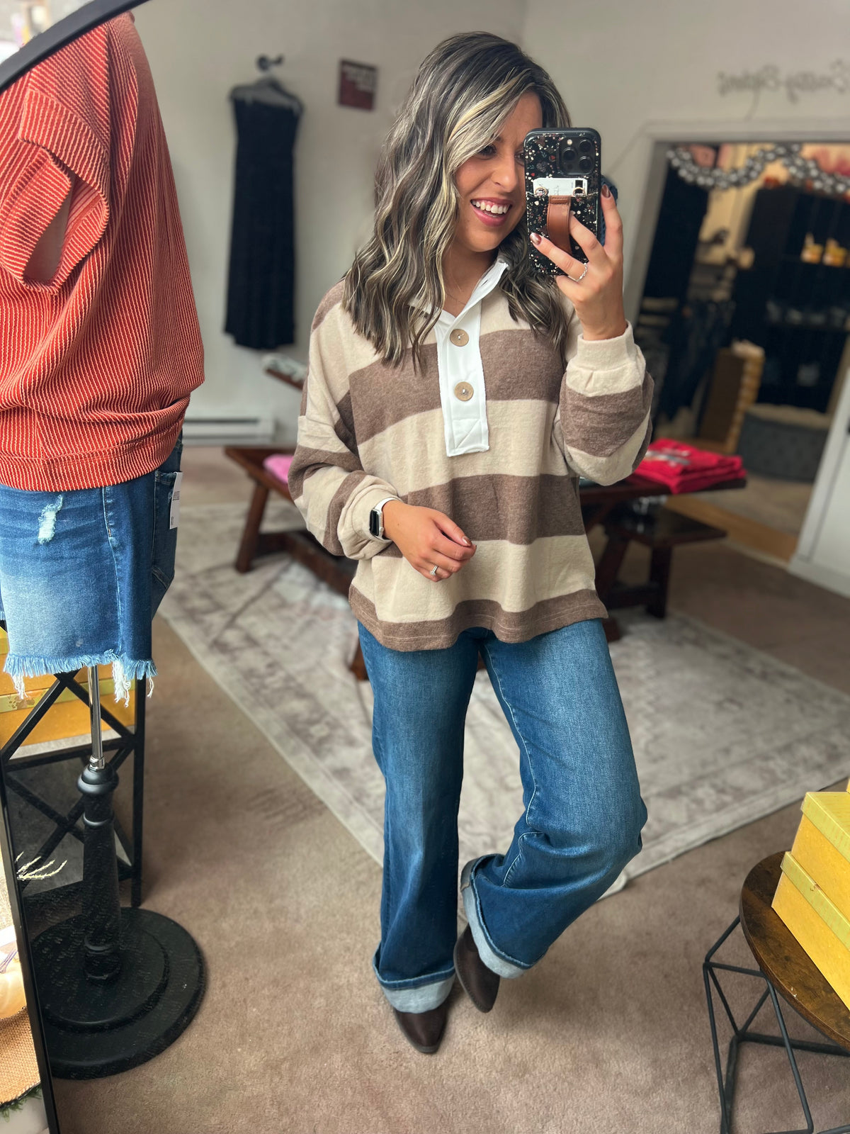 Striped Hacci Polo Sweater, Mocha
