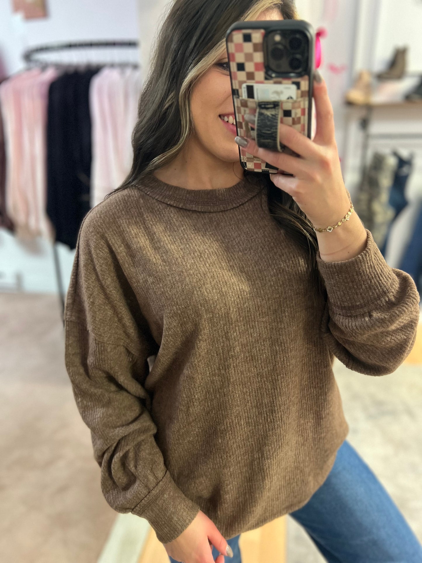 Ribbed Hacci Drop Shoulder Sweater, Brown