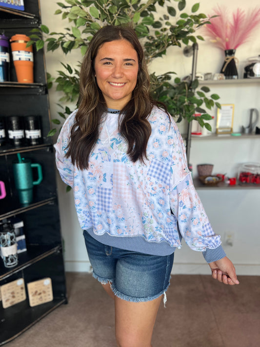 Floral Patchwork and Ribbed Top, Blue