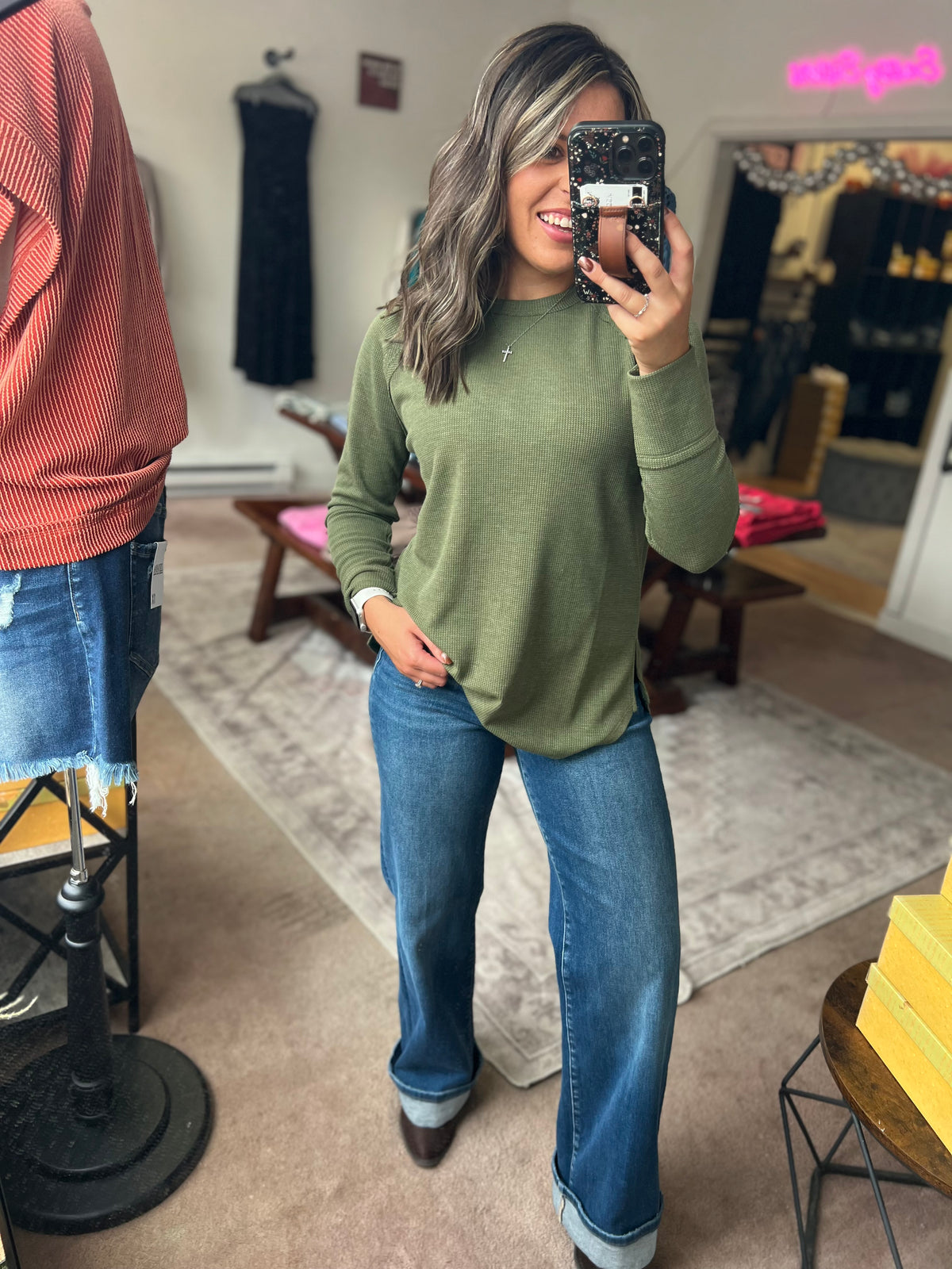 Baby Waffle Long Sleeve Top, Olive