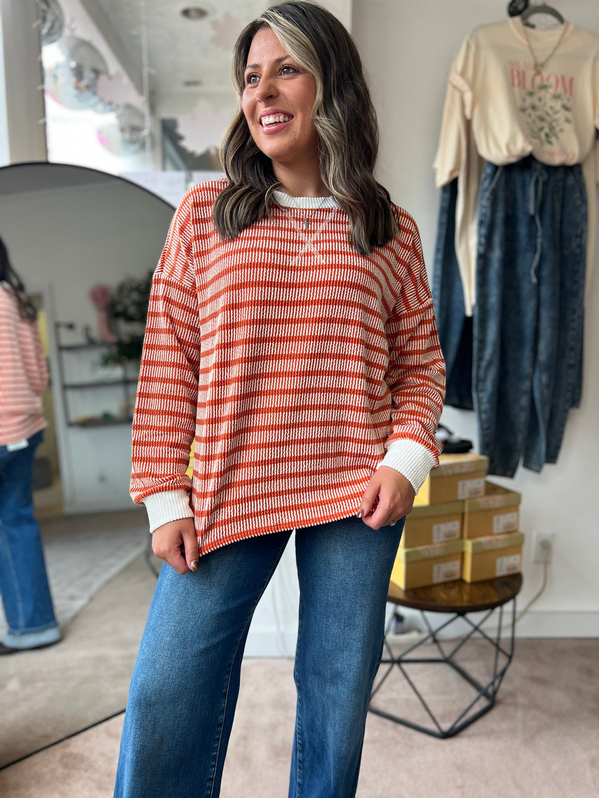 Raised Rib Striped Top, Burnt Orange