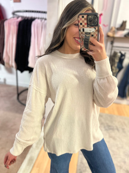 Ribbed Hacci Drop Shoulder Sweater, Beige