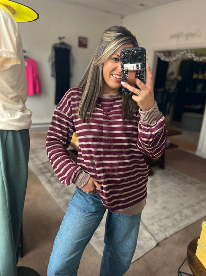 Raised Rib Striped Top, Burgundy
