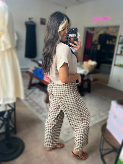 Soft Checker Barrel Pants, Mocha