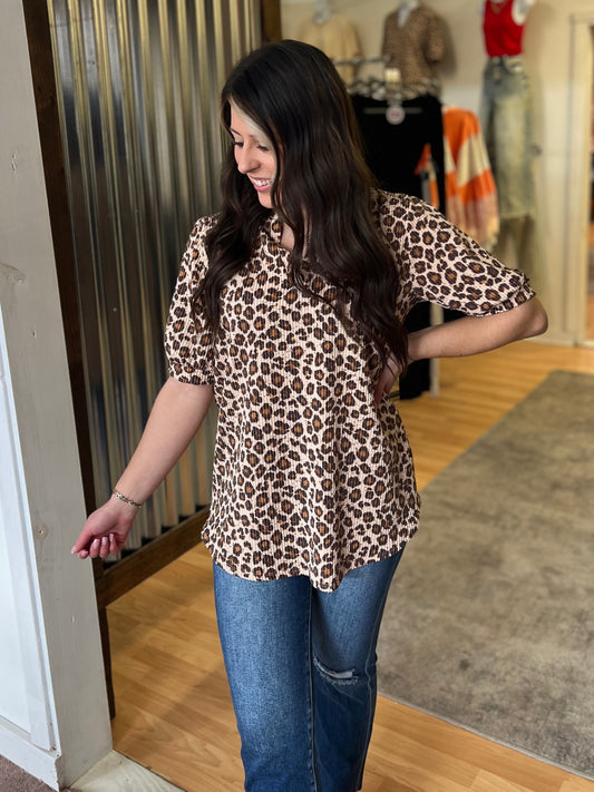 Puff Sleeve V Neck Leopard Top