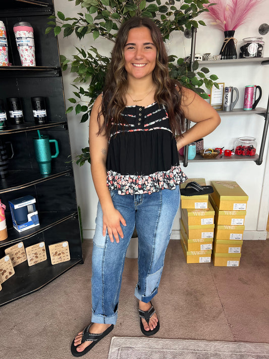 POL Floral Sleeveless Tank, Black