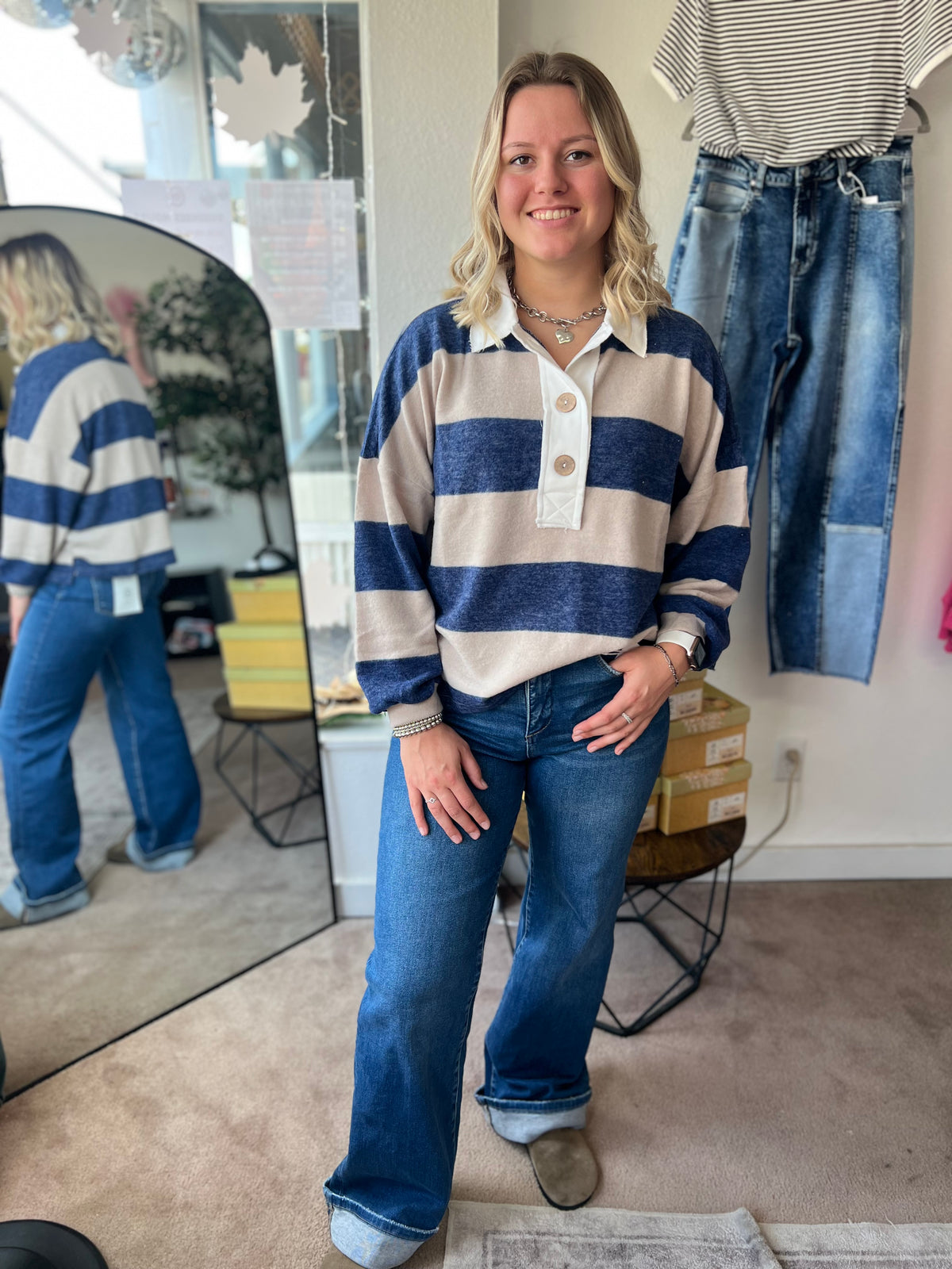 Striped Hacci Polo Sweater, Navy