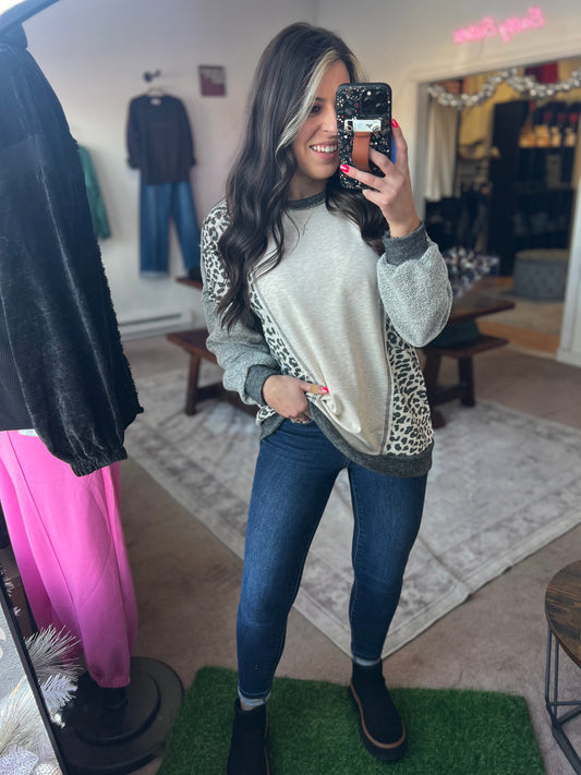 Long Sleeve Leopard Colorblock Top, Black