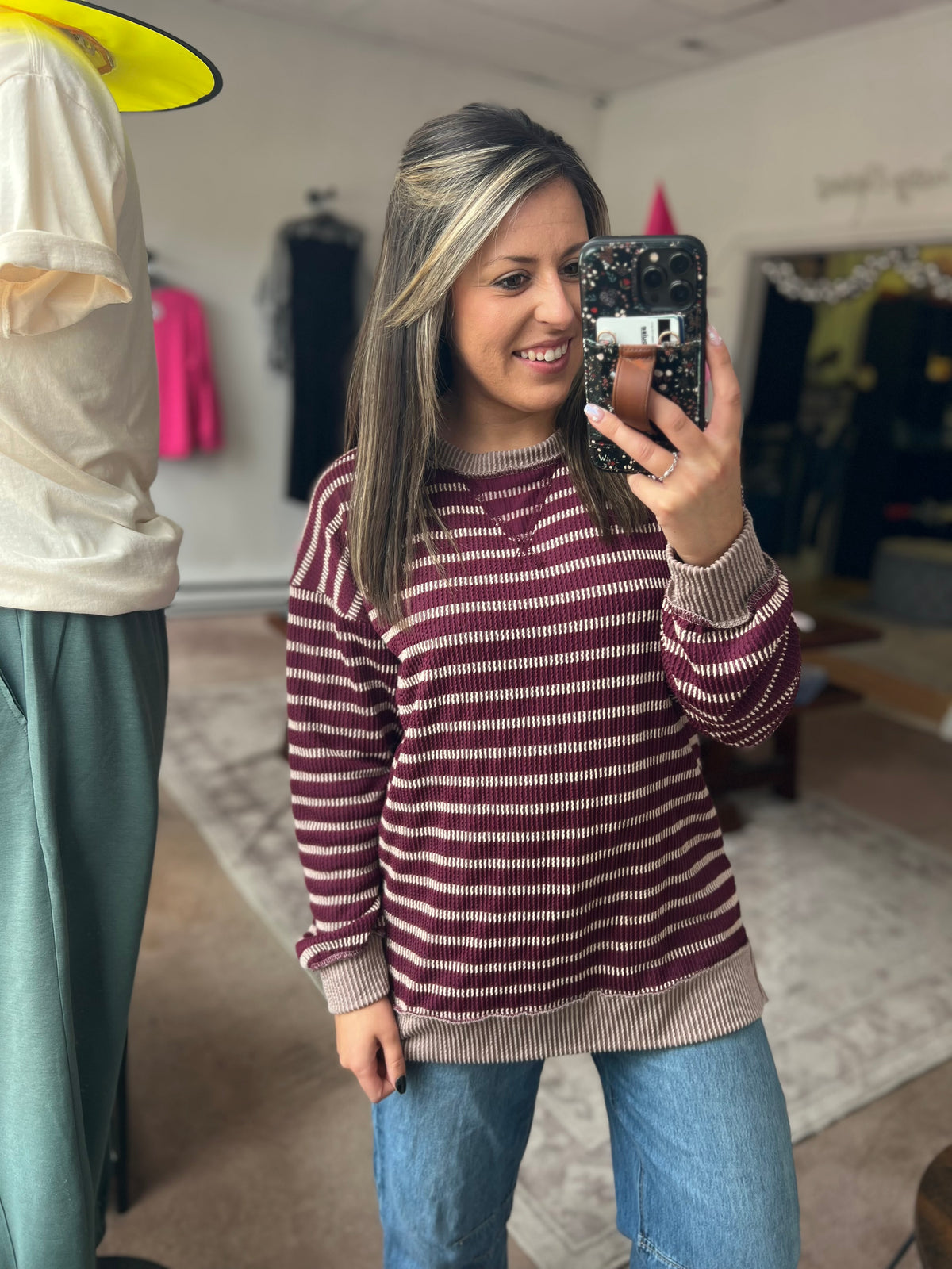 Raised Rib Striped Top, Burgundy
