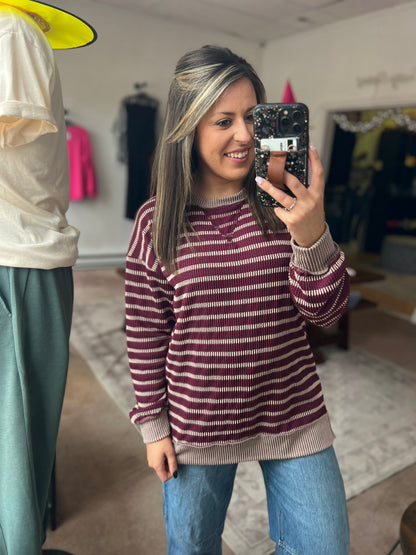 Raised Rib Striped Top, Burgundy