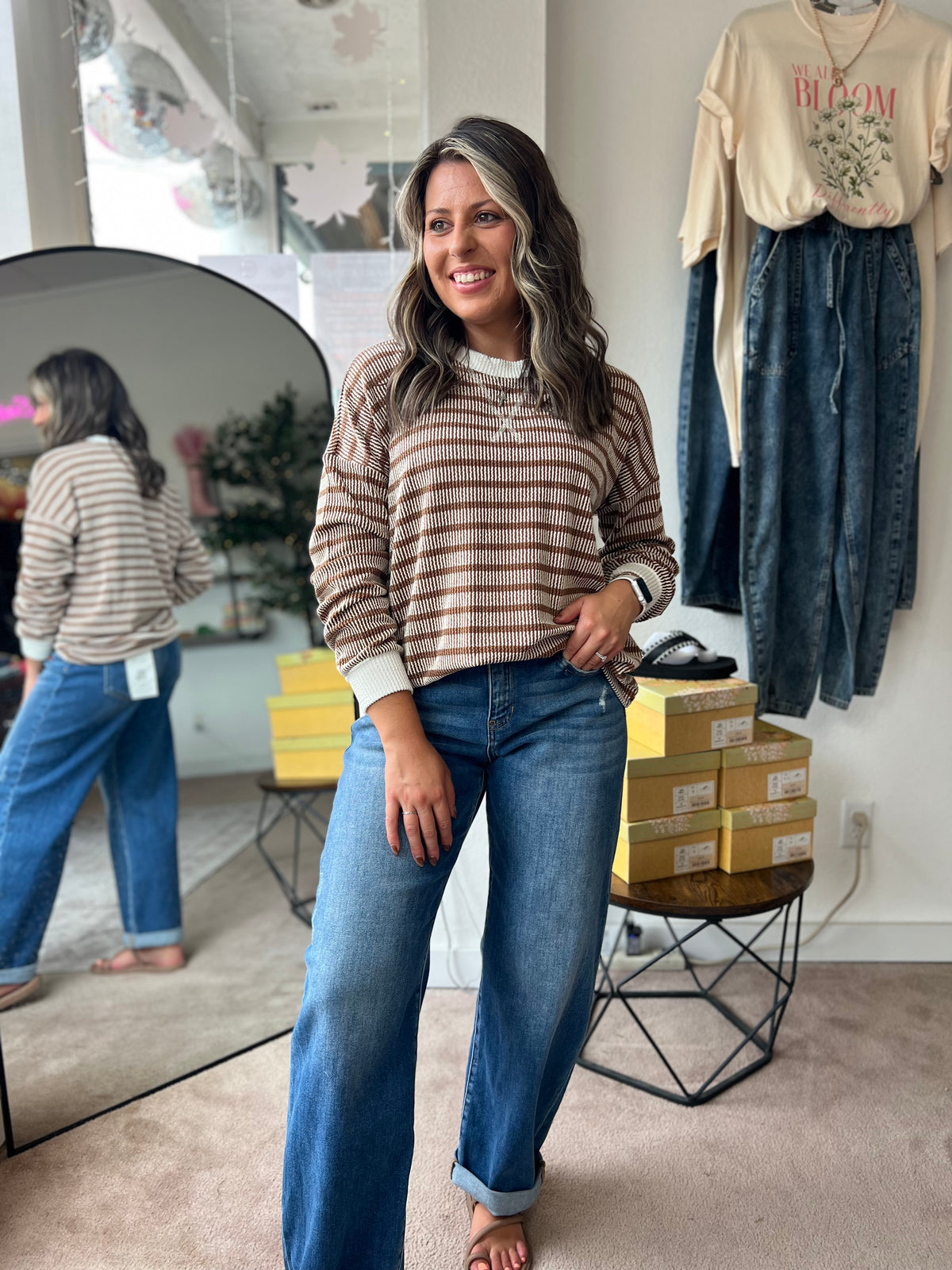Raised Rib Striped Top, Brown