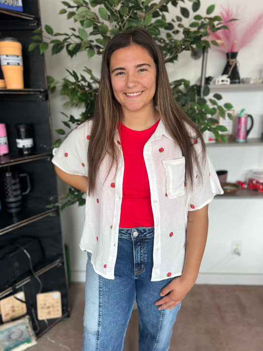 Strawberry Embroidered Gauze Shirt