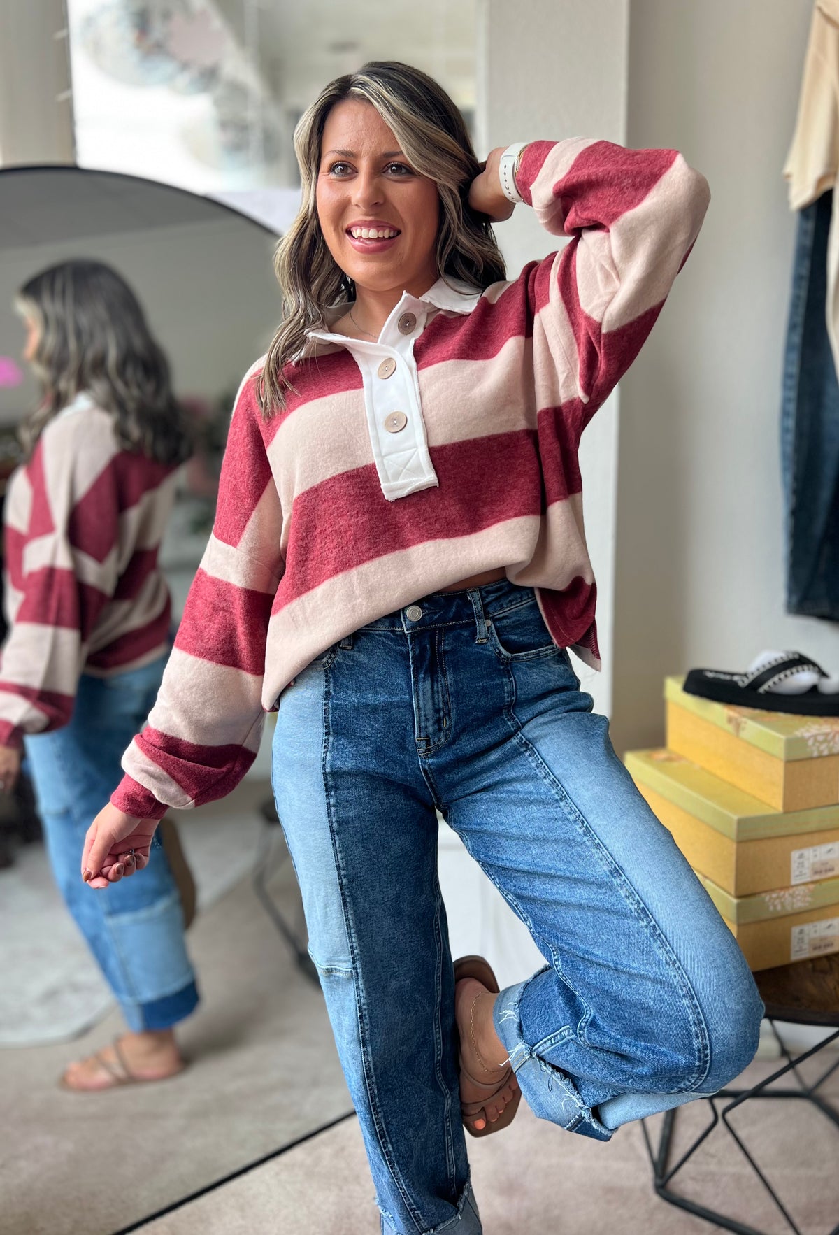 Striped Hacci Polo Sweater, Burgundy