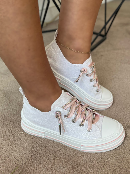 Aman Sparkle Sneakers, White w/ Pink Ribbon