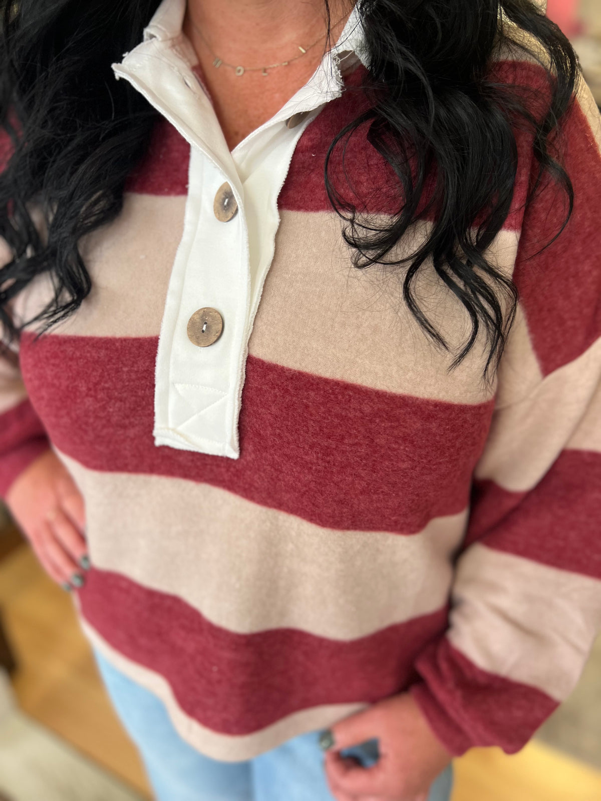 Striped Hacci Polo Sweater, Burgundy