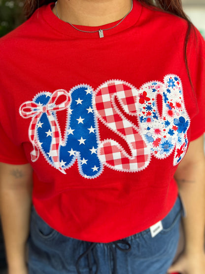 USA Gingham Bow Tee, Red