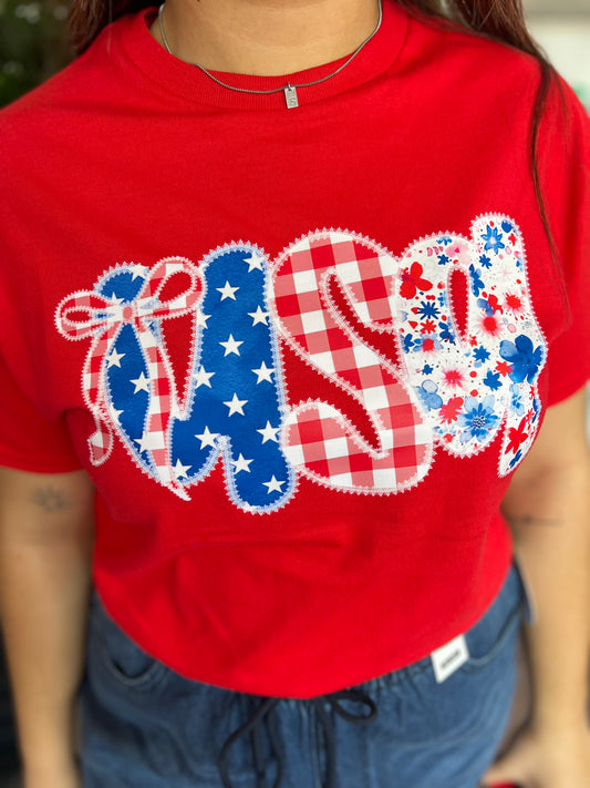 USA Gingham Bow Tee, Red