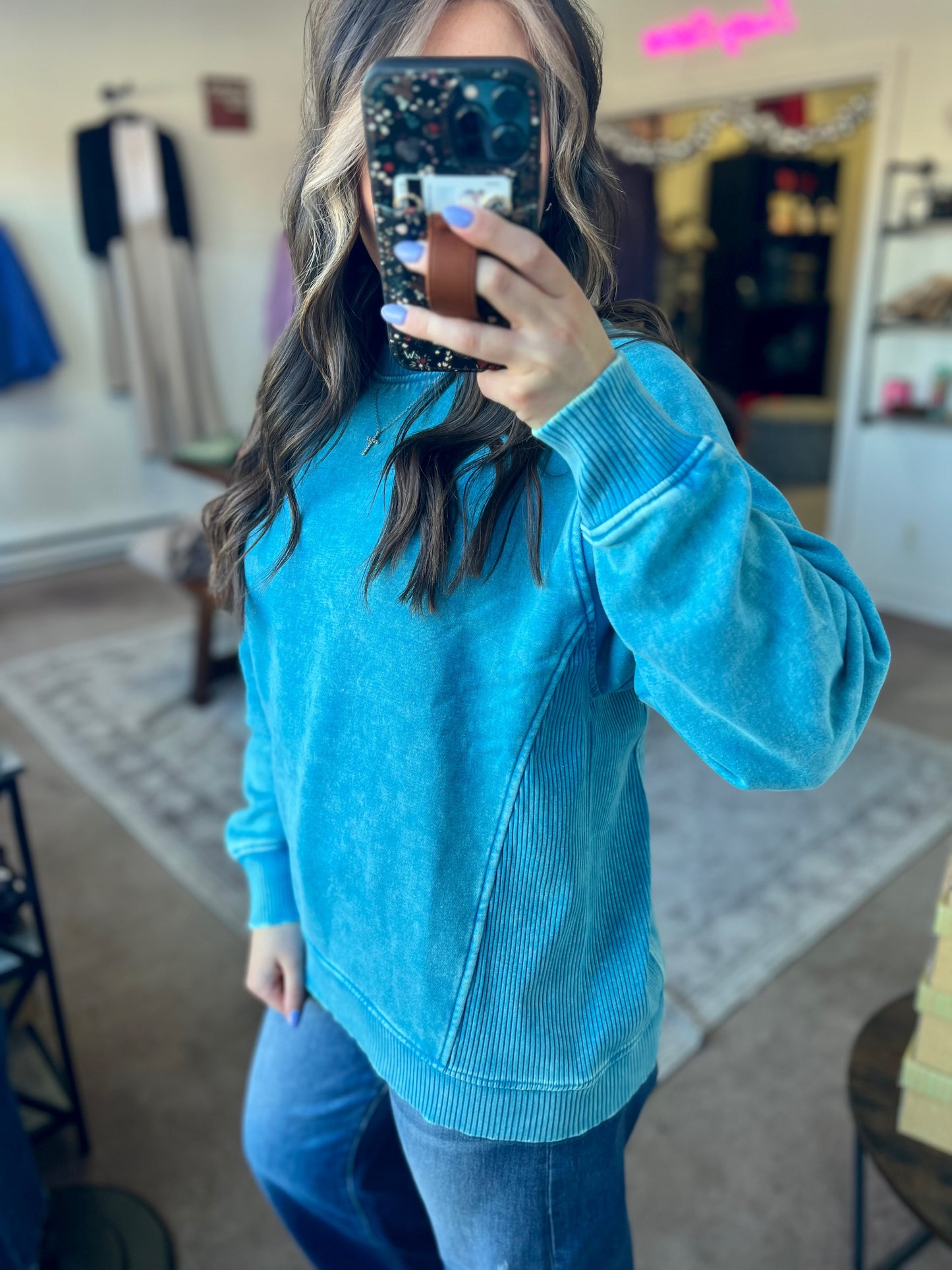 Acid Washed Fleece Sweatshirt, Blue