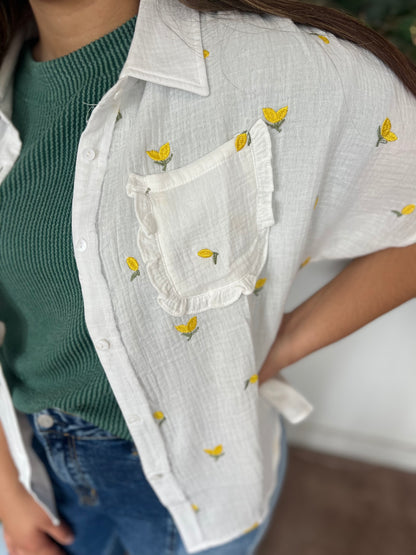 Lemon Embroidered Gauze Shirt