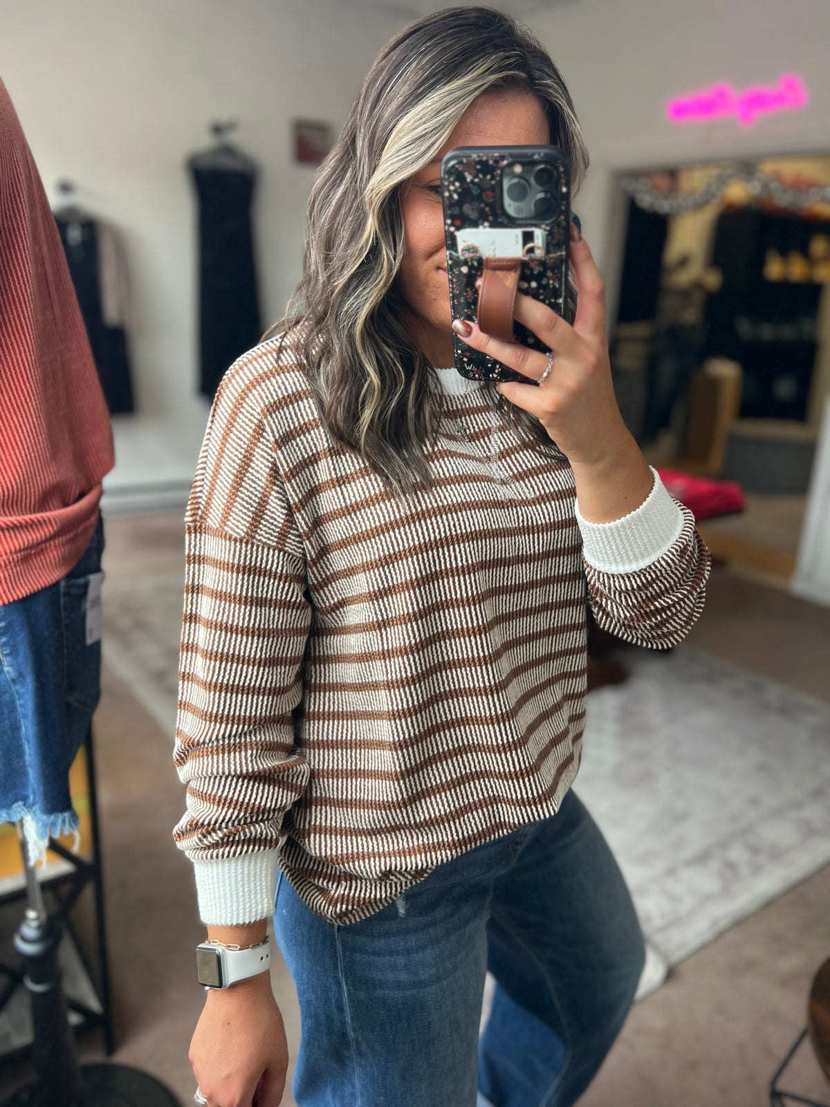 Raised Rib Striped Top, Brown