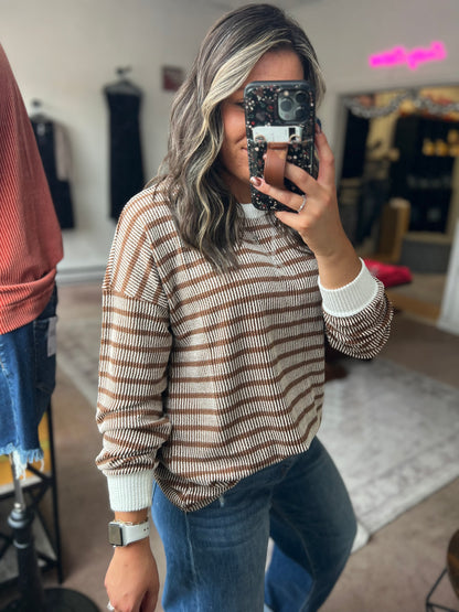 Raised Rib Striped Top, Brown