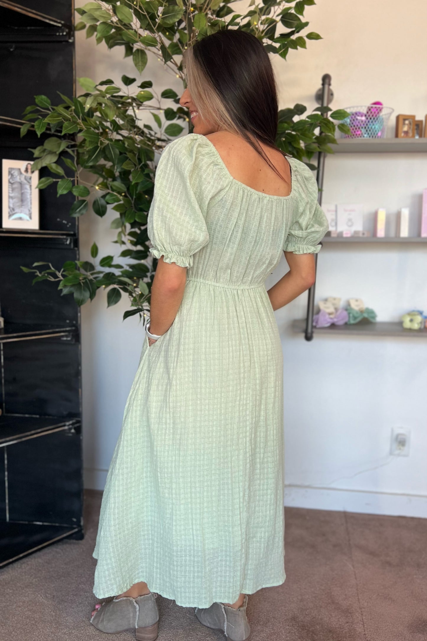 Textured Smocked Midi Dress, Sage