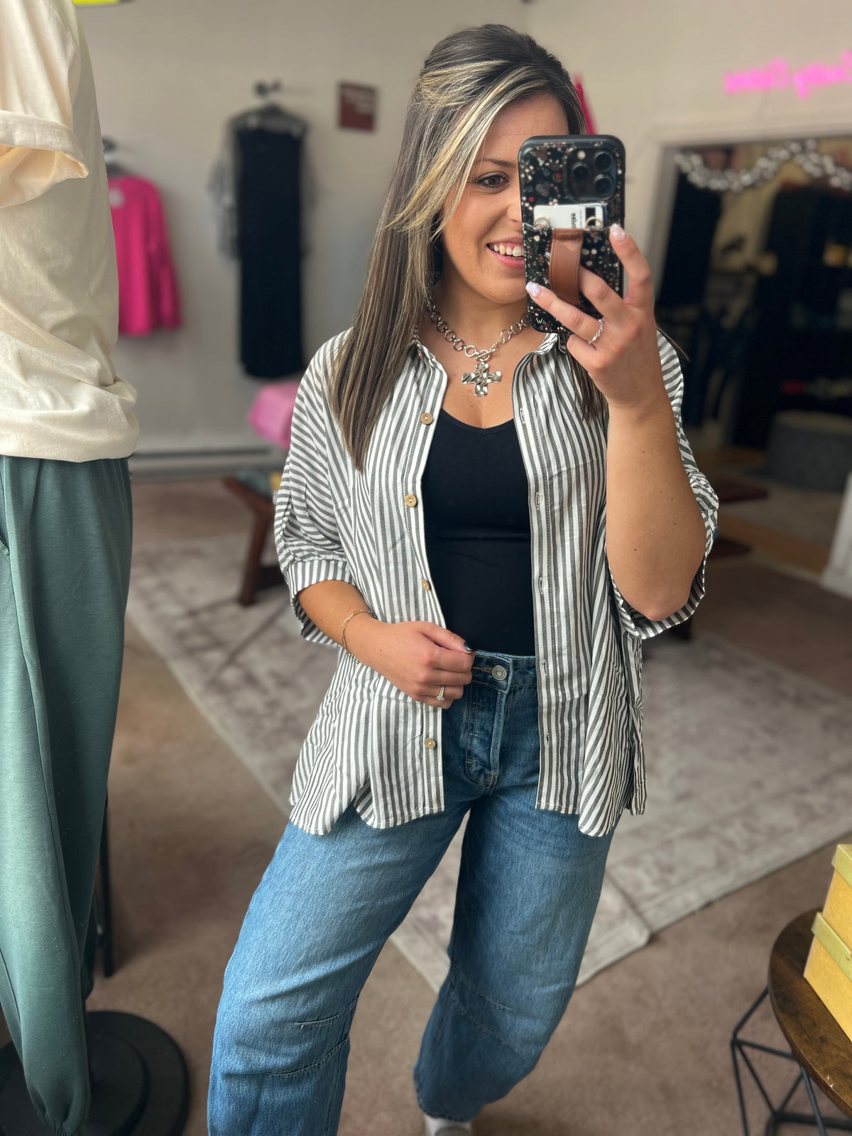 Oversized Stripe Button Up, Black