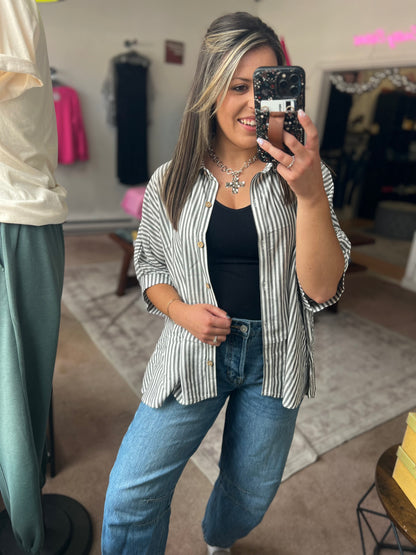 Oversized Stripe Button Up, Black