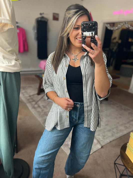 Oversized Stripe Button Up, Black