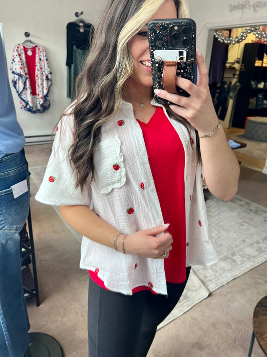 Strawberry Embroidered Gauze Shirt